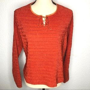 Vintage Women’s Pleated Crinkle Orange Long Sleeve Vneck